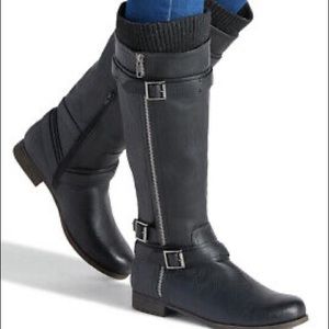 Black knee-high, black moto boots 9.5 wide calf